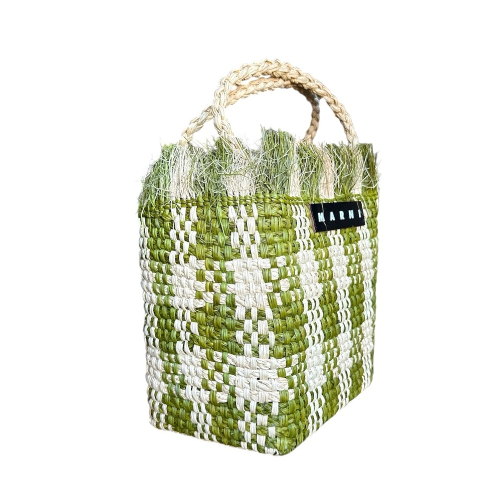 Marni Market Olive and Cream Woven Raffia Tote Bag - Picture 5 of 9